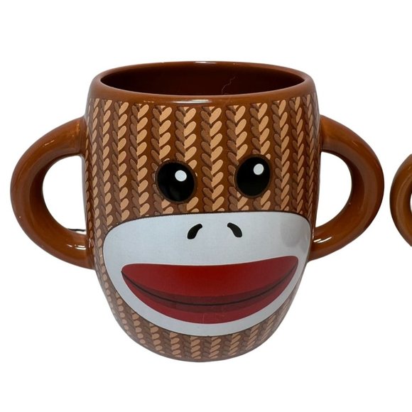 Monkey Hot Cocoa Mugs Set of 2 Kids Fun Ceramic Pottery 2 Handles - Picture 2 of 7